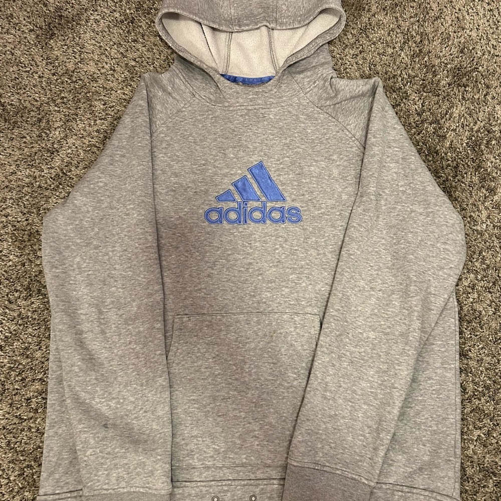 Adidas Heather Gray Hoodie with Blue Emblem